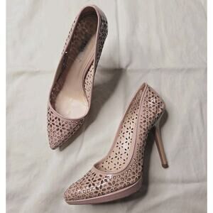 Prada Womens Vernice Cipria Blush Nude Pink Laser Cut Floral High Heels 38.5